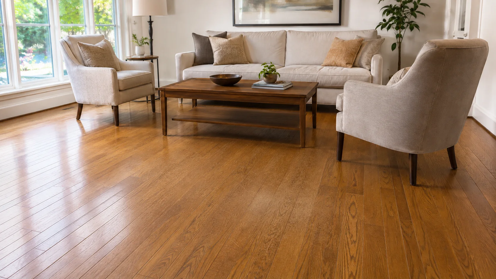 Sala con piso de madera antes del mantenimiento preventivo