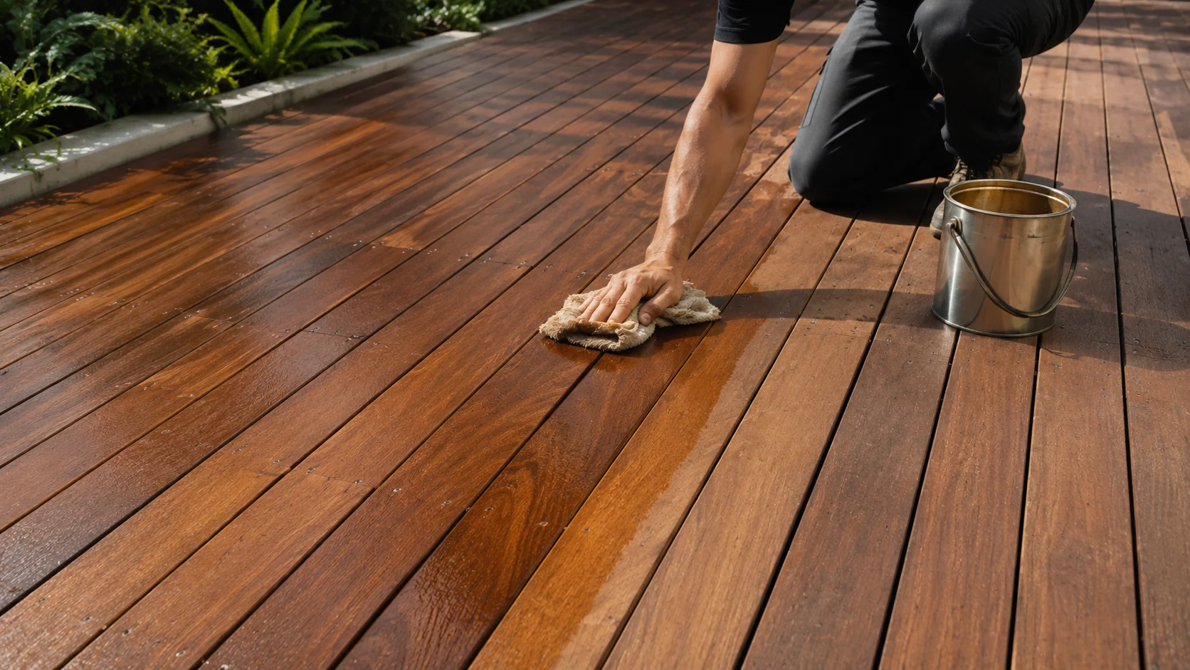 Aplicación de aceite protector sobre un deck de madera