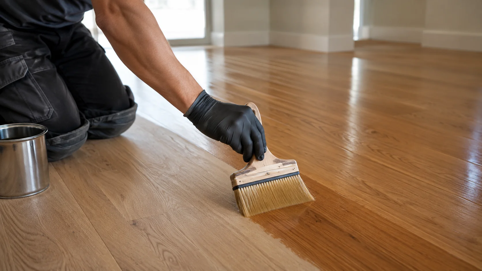 Especialista aplicando cuidadosamente protección a un piso de madera