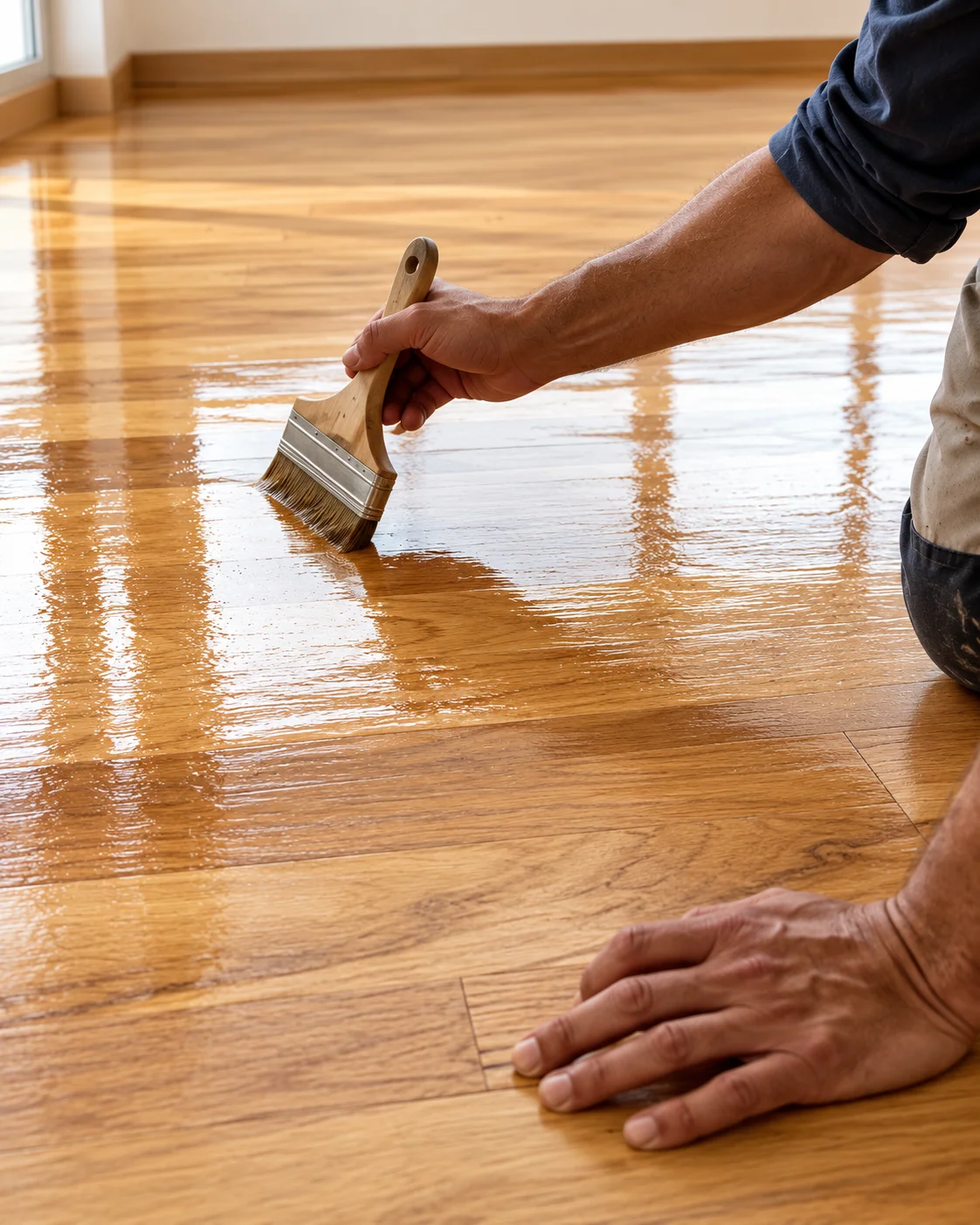 Aplicación de barniz sobre un piso de madera