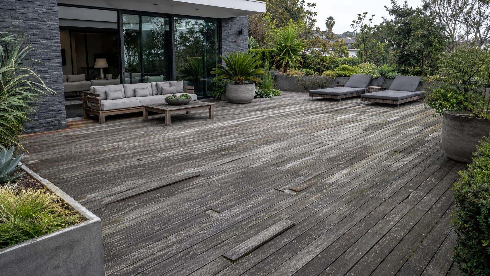 Terraza exterior con deck de madera gris y desgastado
