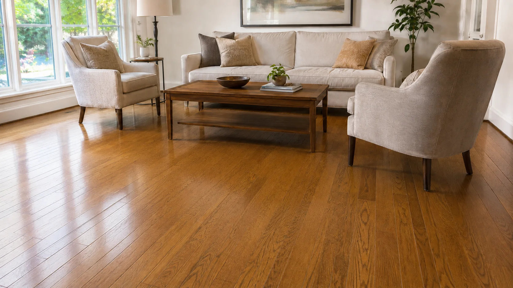 La misma sala con el piso de madera cuidado y uniforme después del mantenimiento