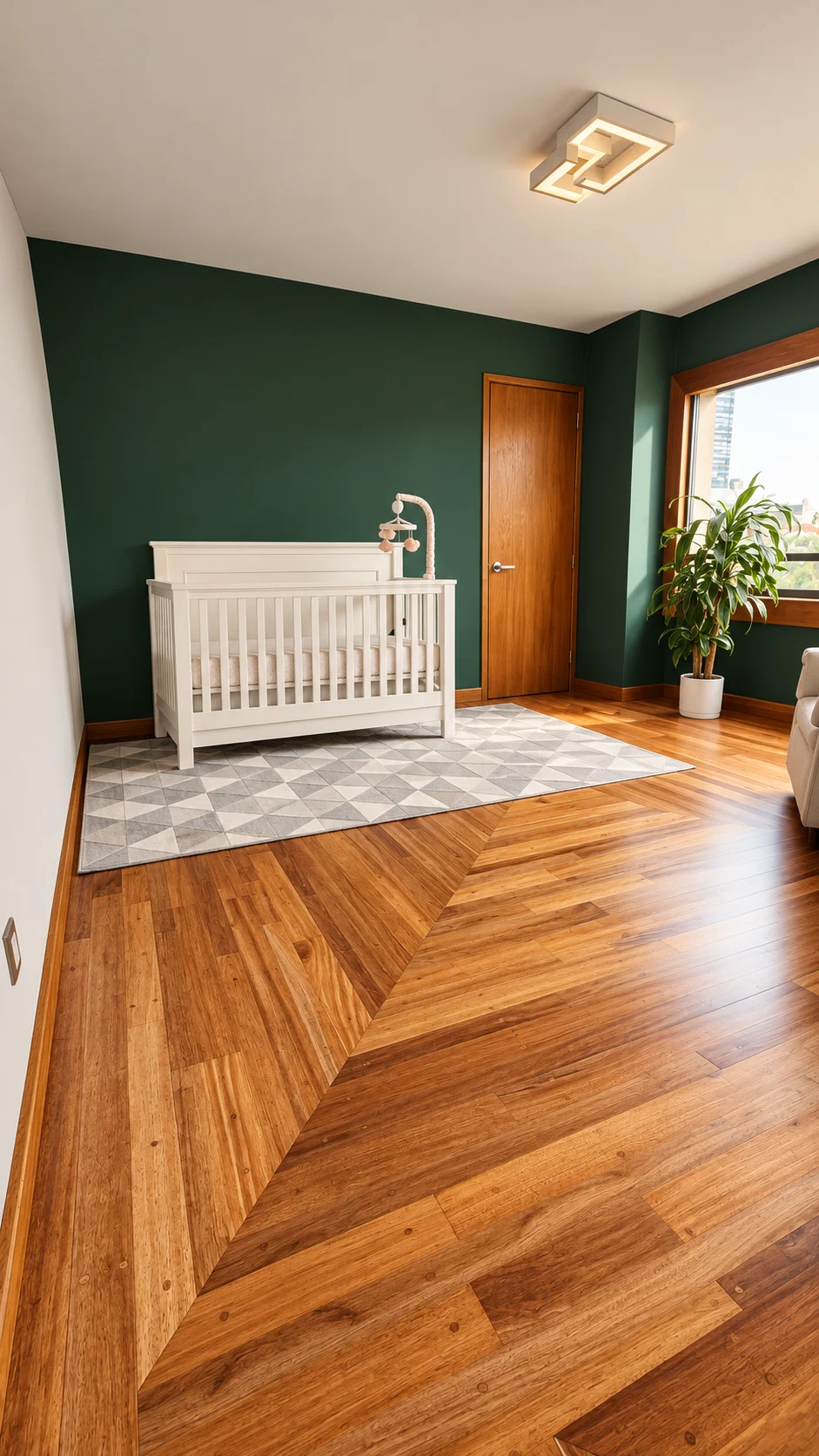 Dormitorio infantil con piso de madera renovado colocado en patrón de espiga