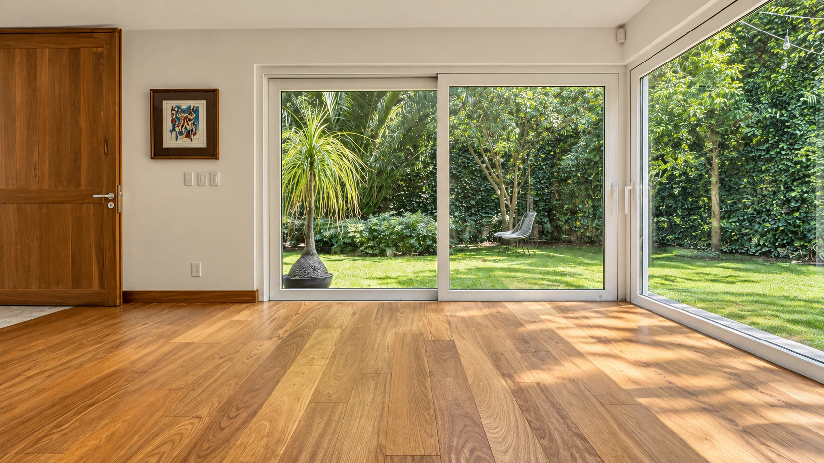 Piso de madera natural en una estancia luminosa con vista al jardín