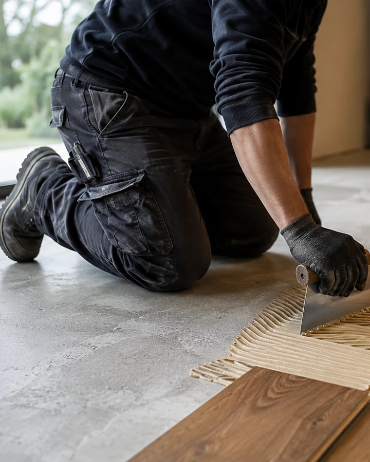 Especialista instalando un piso de madera