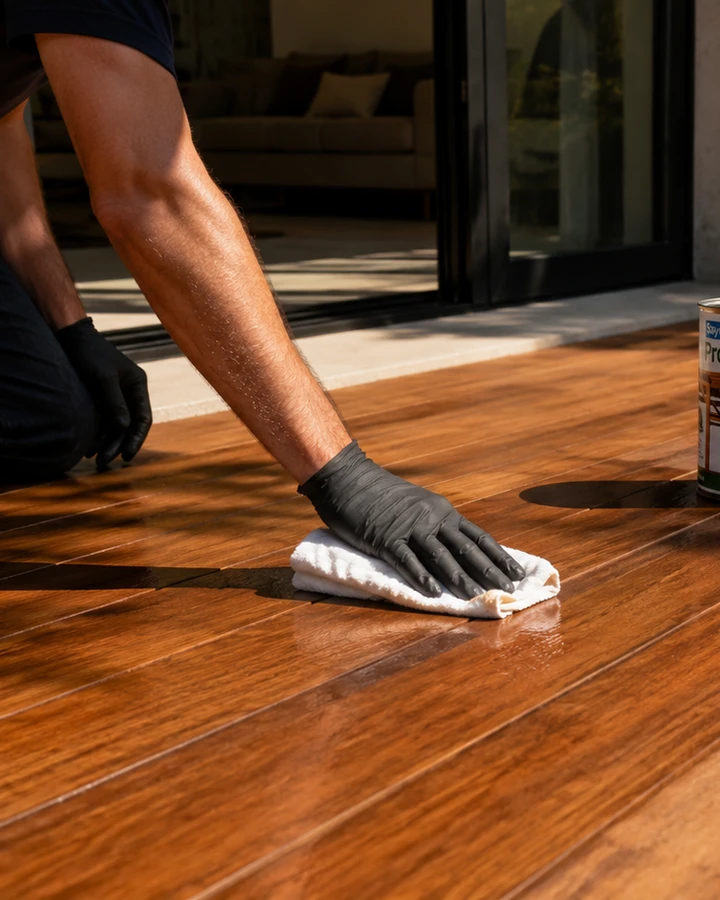 Aplicación de protección durante el mantenimiento de un deck de madera exterior en CDMX