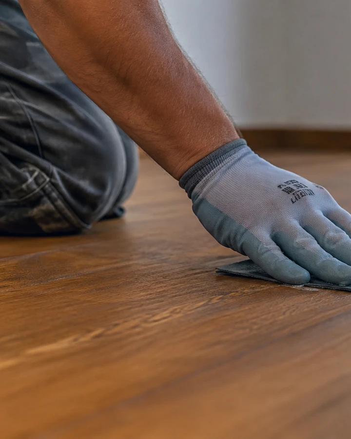 Especialista realizando mantenimiento preventivo en un piso de madera residencial en CDMX