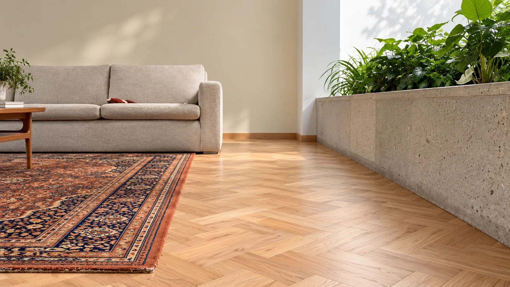 Piso de parquet y parqueleta en una sala luminosa