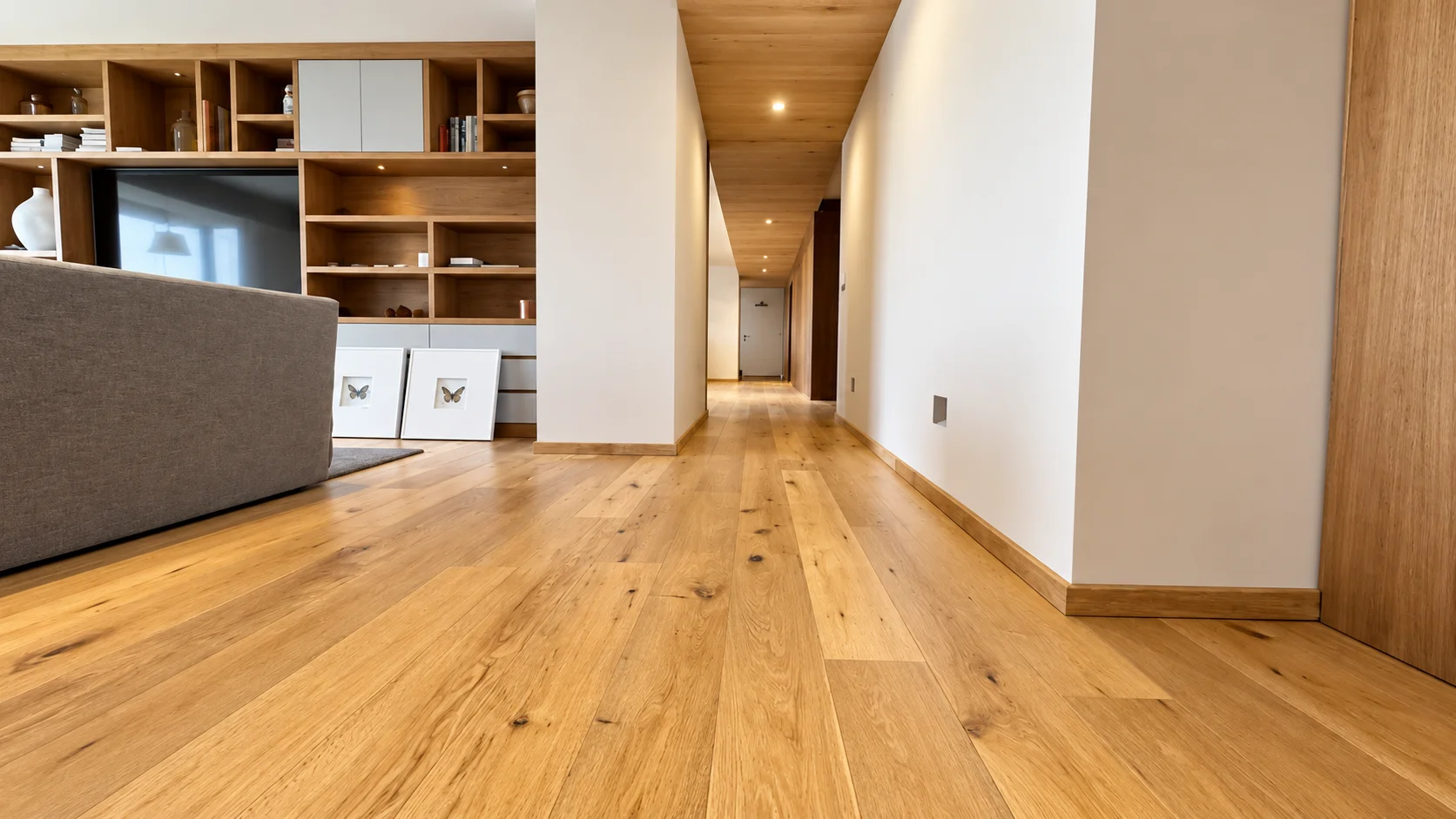 Sala con piso de roble europeo renovado