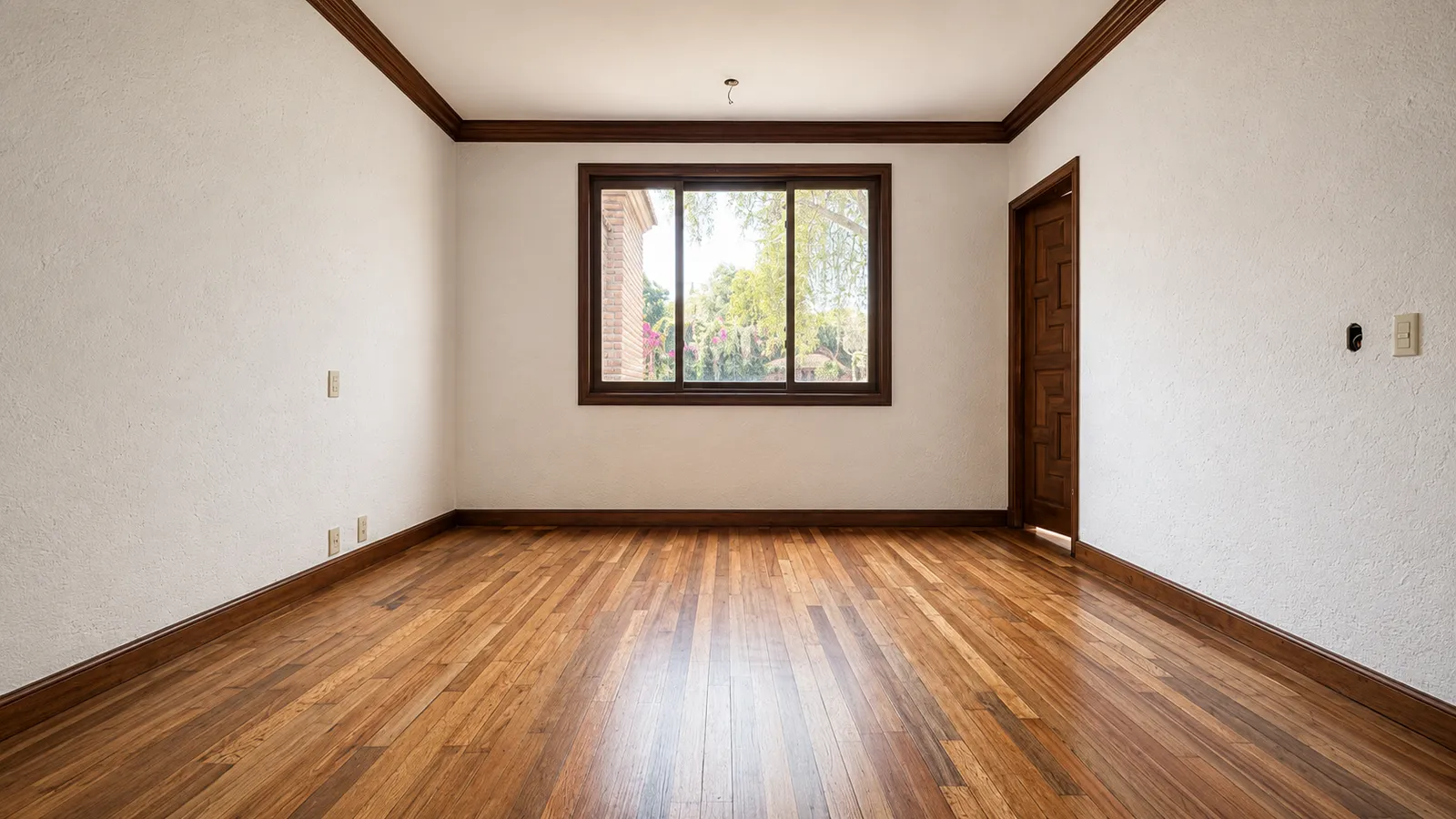 Piso de duela de madera en recámara residencial con acabados de madera