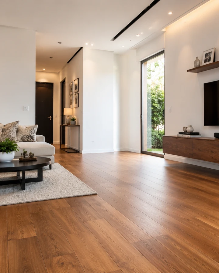 Piso de ingeniería de madera instalado en una sala residencial contemporánea en CDMX
