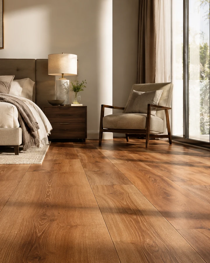 Recámara con piso laminado de apariencia de madera en tonos cálidos