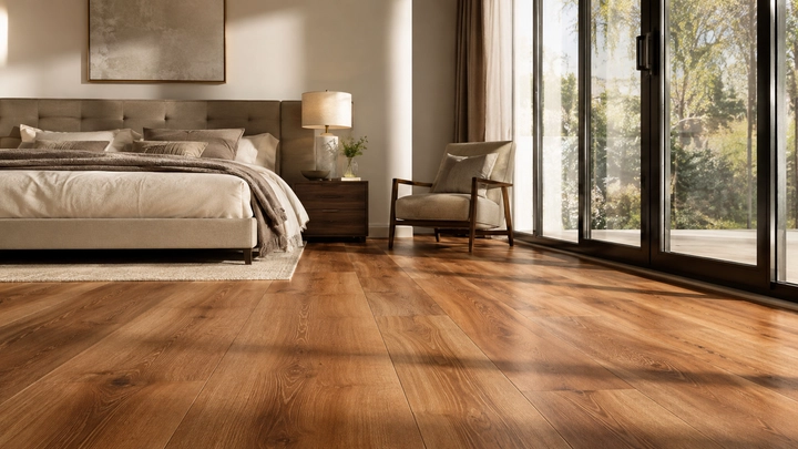 Piso laminado de apariencia de madera instalado en una recámara residencial con ventanales