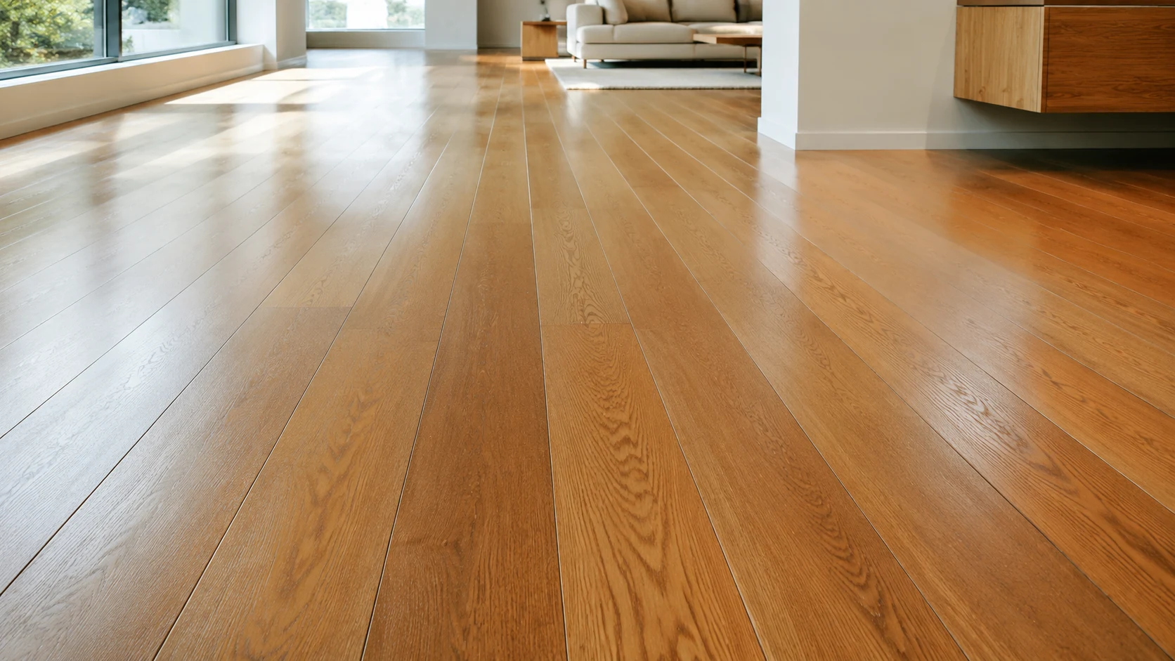 Sala luminosa con piso de madera cálido y bien conservado