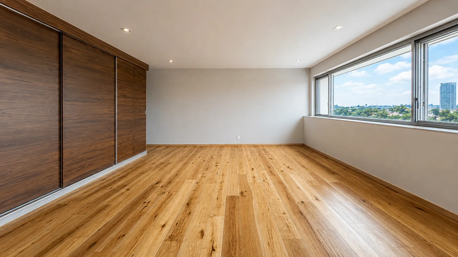 Piso de madera natural instalado en recámara con ventanales y clóset de madera en CDMX