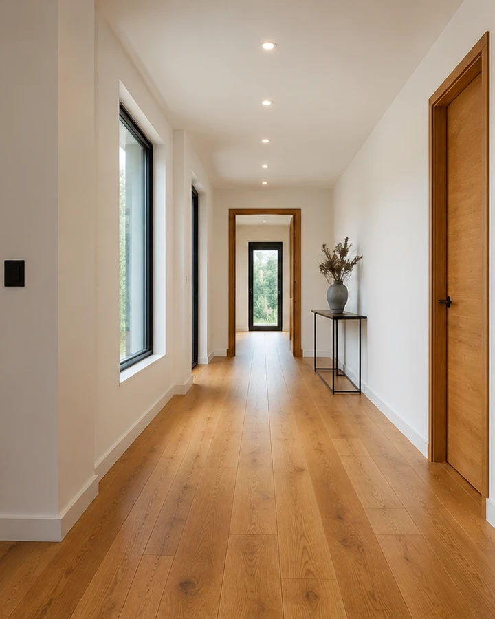 Piso de madera sólida natural instalado en un pasillo residencial moderno en CDMX