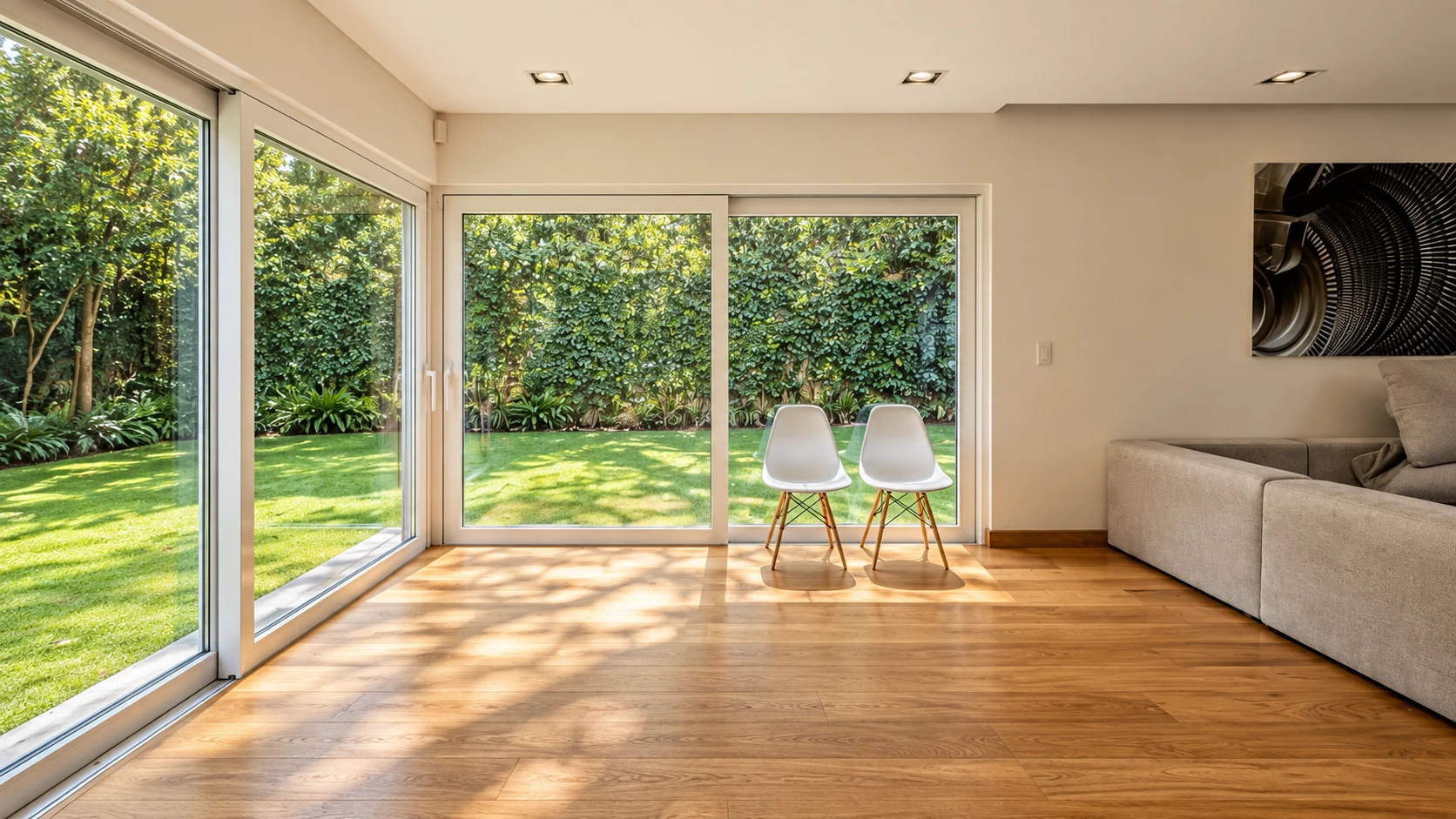 Sala luminosa con piso de madera renovado