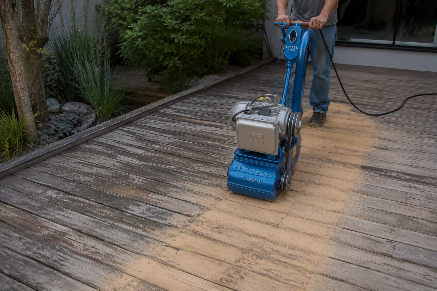 Pulido profesional de un deck de madera exterior