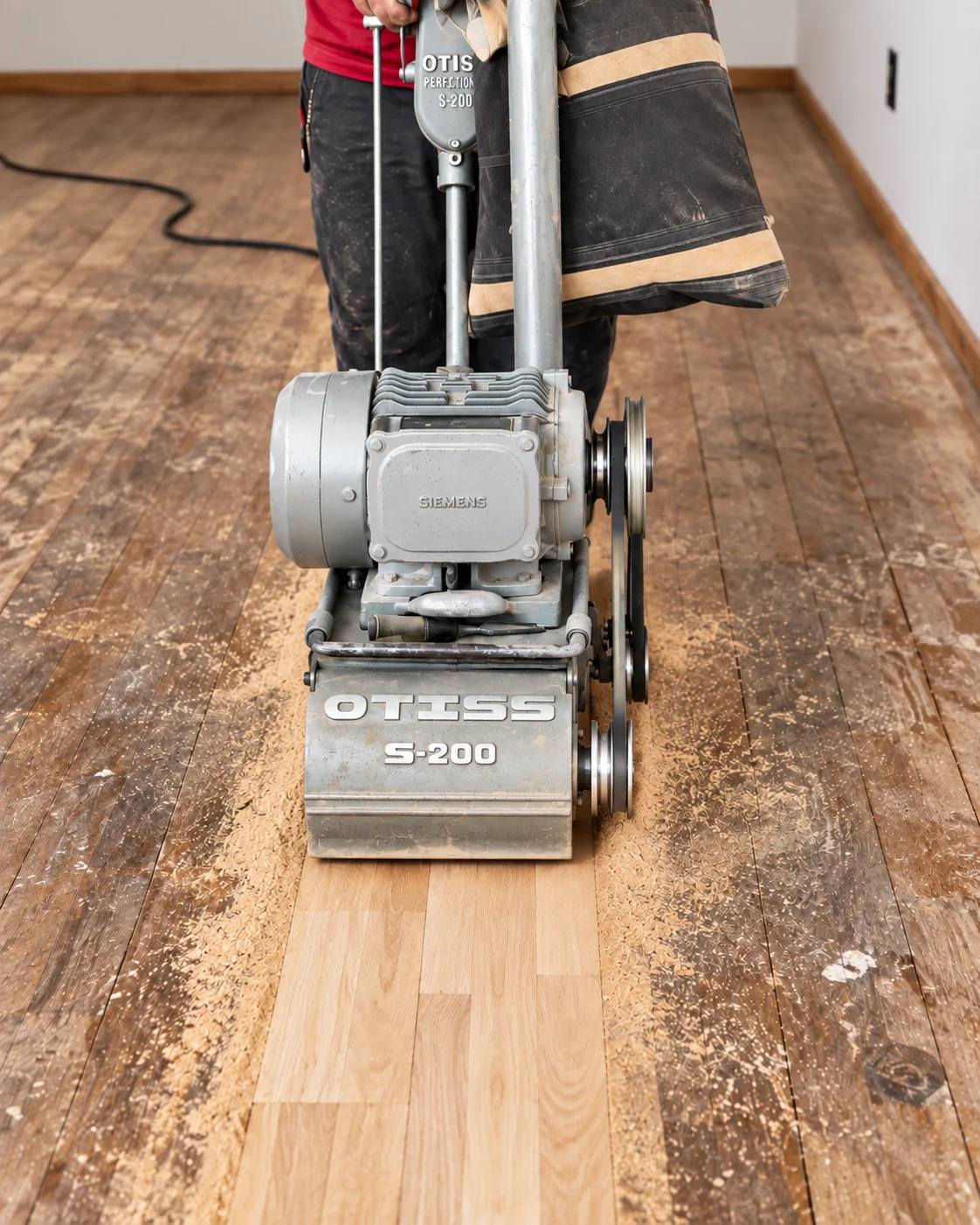 Máquina profesional puliendo un piso de madera