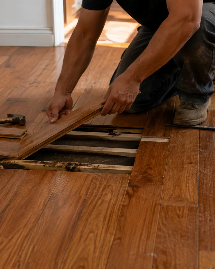 Especialista sustituyendo duelas dañadas durante la reparación de un piso de madera en CDMX