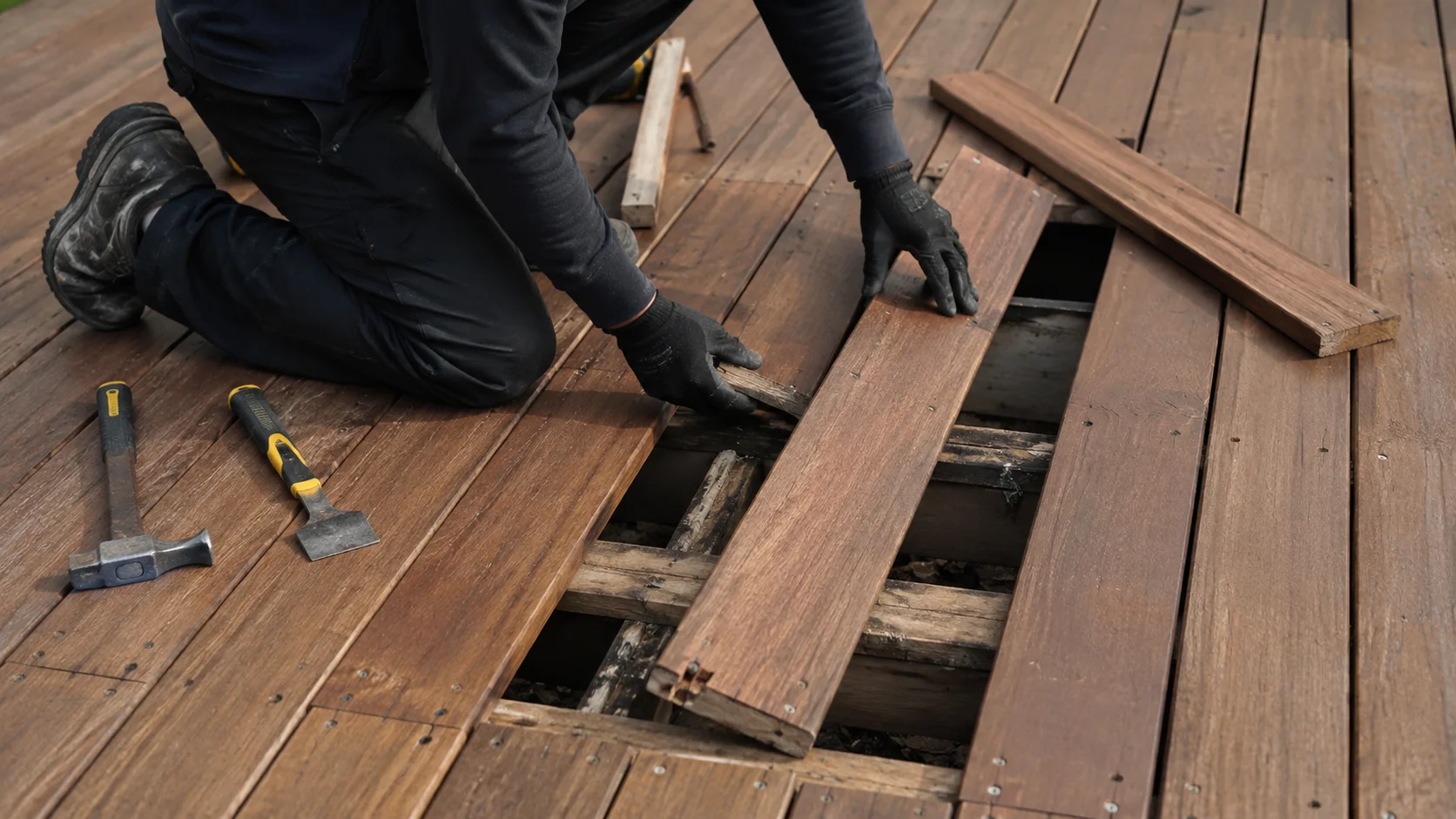 Especialista reparando tablas dañadas de un deck