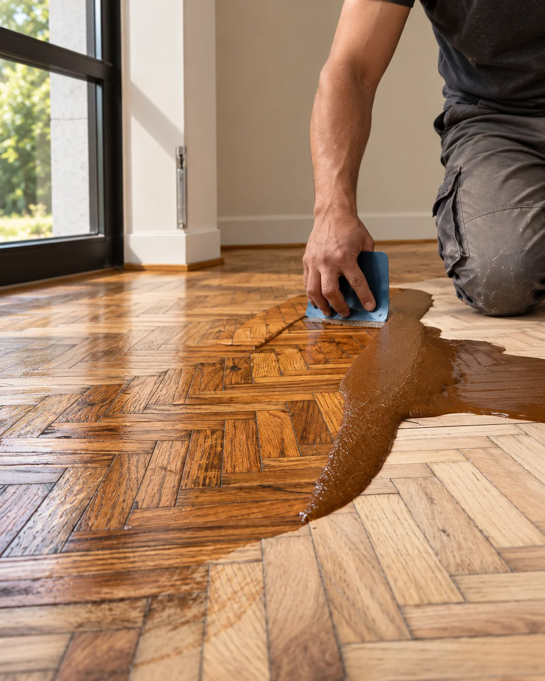 Especialista resanando las juntas de un piso de madera