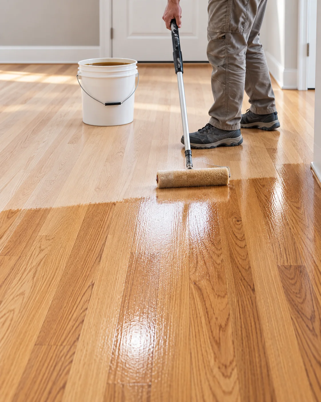 Aplicación profesional de sellador sobre un piso de madera